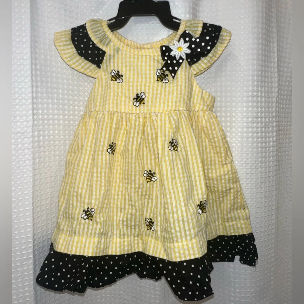 Rare Editions Yellow Seersucker Baby Dress with Bee Pattern